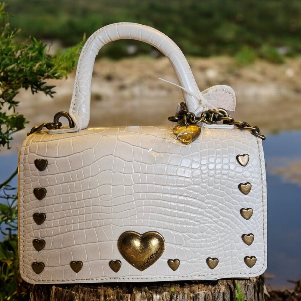 NEW Betsey Johnson Cream Heart-Embellished Handbag With Shoulder Strap 8"x5"x3" - Picture 5 of 6